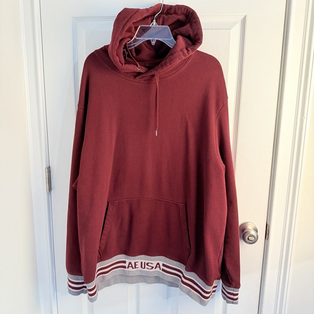 American Eagle Hoodie Mens XXL Maroon 100% Cotton Heavyweight Logo Pullover USA